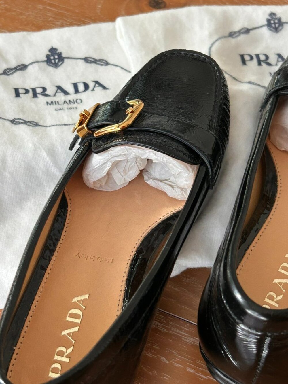 Prada Black Patent Leather Gold Buckle Loafers EU 36.5 - Picture 14 of 16